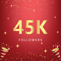 Naklejka premium Thank you 45k or 45 thousand followers with gold bokeh and star isolated on red background. Premium design for social media story, social sites posts, greeting card, social networks, poster, banner.