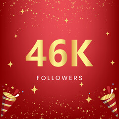Thank you 46k or 46 thousand followers with gold bokeh and star isolated on red background. Premium design for social media story, social sites posts, greeting card, social networks, poster, banner.