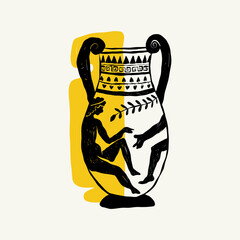 Linear drawings of heads of antique statues of the goddess and mythical god in the engraving style. Creative minimal linear woman vector with growing branch from her head.