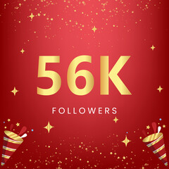 Obraz na płótnie Canvas Thank you 56k or 56 thousand followers with gold bokeh and star isolated on red background. Premium design for social media story, social sites posts, greeting card, social networks, poster, banner.