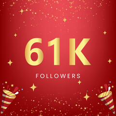 Thank you 61k or 6 thousand followers with gold bokeh and star isolated on red background. Premium design for social media story, social sites posts, greeting card, social networks, poster, banner.