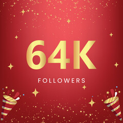 Obraz na płótnie Canvas Thank you 64k or 64 thousand followers with gold bokeh and star isolated on red background. Premium design for social media story, social sites posts, greeting card, social networks, poster, banner.