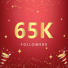 Naklejka premium Thank you 65k or 65 thousand followers with gold bokeh and star isolated on red background. Premium design for social media story, social sites posts, greeting card, social networks, poster, banner.