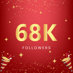 Thank you 68k or 68 thousand followers with gold bokeh and star isolated on red background. Premium design for social media story, social sites posts, greeting card, social networks, poster, banner.