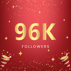Thank you 96k or 96 thousand followers with gold bokeh and star isolated on red background. Premium design for social media story, social sites posts, greeting card, social networks, poster, banner.