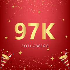 Thank you 97k or 97 thousand followers with gold bokeh and star isolated on red background. Premium design for social media story, social sites posts, greeting card, social networks, poster, banner.