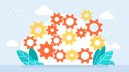 Various gears. The concept of departmental cooperation, Teamwork. The gears of the mechanism rotate harmoniously. A well-coordinated mechanism of business. Flat design. Vector illustration.
