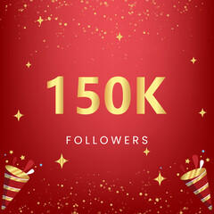 Fototapeta na wymiar Thank you 150k or 150 thousand followers with gold bokeh and star isolated on red background. Premium design for social media story, social sites posts, greeting card, social networks, poster, banner.