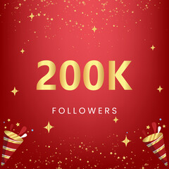 Thank you 200k or 200 thousand followers with gold bokeh and star isolated on red background. Premium design for social media story, social sites posts, greeting card, social networks, poster, banner.