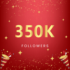 Naklejka premium Thank you 350k or 350 thousand followers with gold bokeh and star isolated on red background. Premium design for social media story, social sites posts, greeting card, social networks, poster, banner.