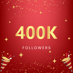 Thank you 400k or 400 thousand followers with gold bokeh and star isolated on red background. Premium design for social media story, social sites posts, greeting card, social networks, poster, banner.
