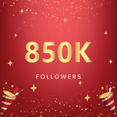 Naklejka premium Thank you 850k or 850 thousand followers with gold bokeh and star isolated on red background. Premium design for social media story, social sites posts, greeting card, social networks, poster, banner.
