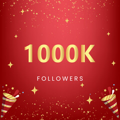 Naklejka premium Thank you 1000k followers with gold bokeh and star isolated on red background. Premium design for social media story, social sites posts, greeting card, social networks, poster, banner.