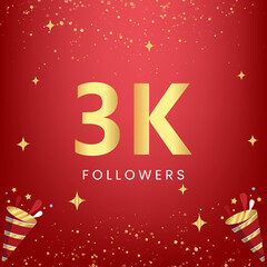 Obraz na płótnie Canvas Thank you 3k or 3 thousand followers with gold bokeh and star isolated on red background. Premium design for social media story, social sites posts, greeting card, social networks, poster, banner.