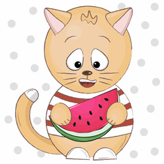 cute ginger cat with a watermelon