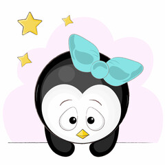 cute penguin with bow and stars