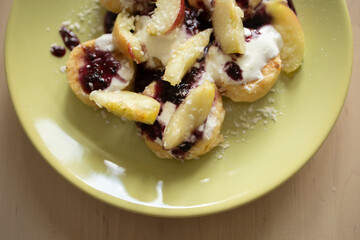 homemade food, dessert with cottage cheese and fruits. Food at home, weight loss dish, fruit syrniki