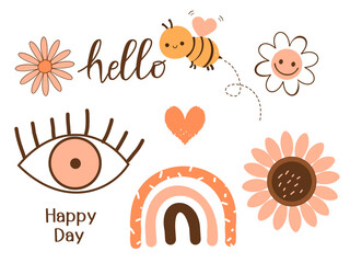 Daisy, bee, sunflower, eye art, heart and rainbow isolated on white background vector illustration. Cute childish print.