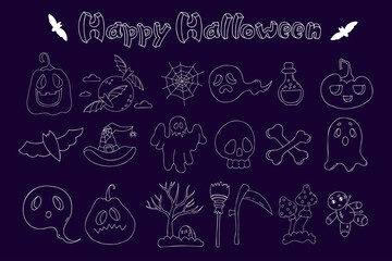 Happy Halloween doodles. Jack pumpkin, ghost, bat and skull and crossbones, grave, voodoo doll, witch hat, scythe, broom and potion. Vector isolated outline elements. White line on dark background. - obrazy, fototapety, plakaty