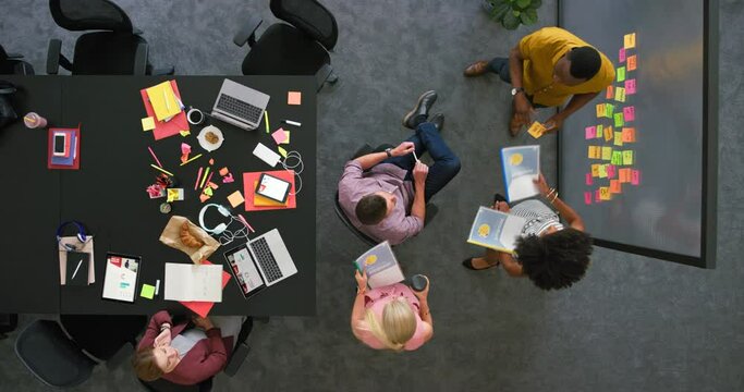 Designers brainstorming and planning ideas with notes on a glass wall in an office from above. Top view of dedicated colleagues collaborating to discuss reports and a marketing strategy for a project
