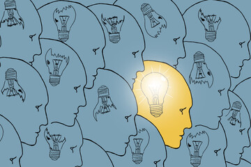 Shiny man in a large crowd of Identical people. The concept of collective thinking, creativity and teamwork. Best idea.