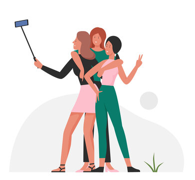 Group of female friends taking selfie. Spending time together and catch moment vector illustration