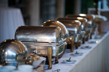 buffet food, catering food party at restaurant, mini canapes, snacks and appetizers
