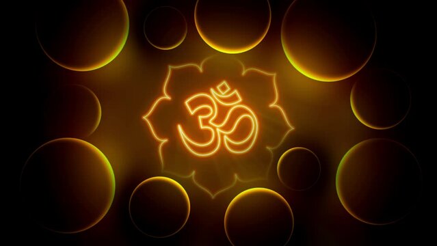 Cinematic Motion View Golden Glowing Shine Hinduism Omkara Devanagari With Padma Shape Lines Neon Light Inside Circles Frame Backlight Effect Seamless Loop