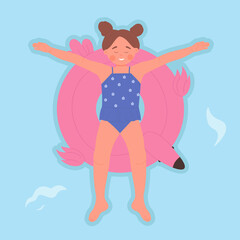 Little girl on flamingo float. Swimming pool ring, summer outdoor activity vector illustration