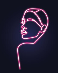 Abstract neon woman portrait linear art over dark background. Vector illustration