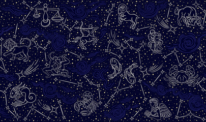 Seamless pattern - signs of the zodiac. Zodiac signs, constellations and stars are seamless pictures. Gold illustration of astrological signs on a dark background.  Horoscope symbols in the background © Artem