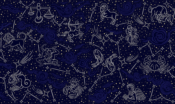 Seamless pattern - signs of the zodiac. Zodiac signs, constellations and stars are seamless pictures. Gold illustration of astrological signs on a dark background.  Horoscope symbols in the background