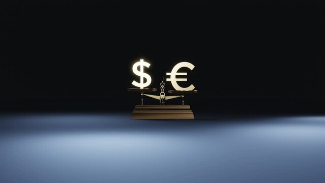 揺れる天秤の上の立体的なドル記号とユーロ記号 / 拮抗するドル・ユーロ相場・パリティのコンセプトイメージ / 3Dモーショングラフィックス