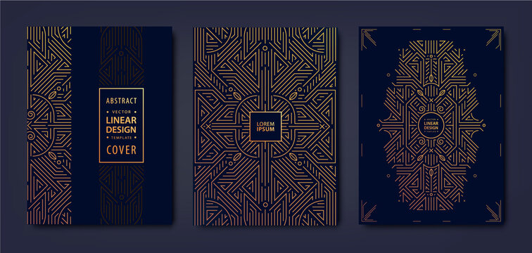 Set of vector Art deco, gatsby golden covers. Creative design templates. Trendy graphic poster, brochure, design, packaging and branding. Geometric shapes, ornaments, elements.
