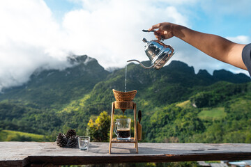 Drip coffee on the balcony and mountain view