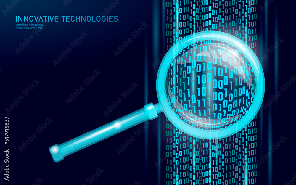 Poster web search data analysis magnifier. 3d realistic symbol search engine online cloud technology big da