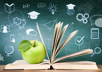 open book, apple and holographic icons, education concept
