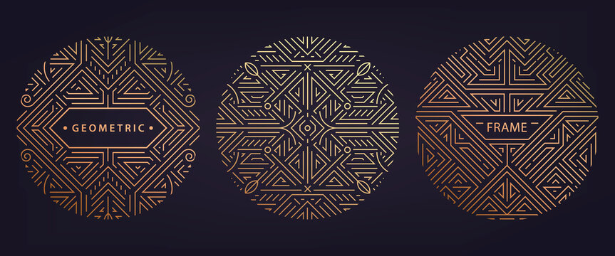 Vector set of art deco linear circles, round borders, frames, decorative design templates. Creative template in classic retro style of 1920s. Use for packaging, advertising, as banner.