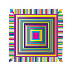 An abstract geometric design in vibrant multi-colors in layers of squares.  A multi-colored fringe surrounds it with diamond shape corners.