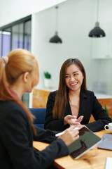 Portrait of an Asian businesswoman consulting, start up a marketing plan to meet the needs of customers in office room.
