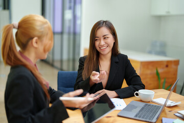 Portrait of an Asian businesswoman consulting, start up a marketing plan to meet the needs of customers in office room.