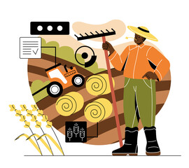 Farming and agriculture concept. Young male farmer harvests wheat or grain. Character with rake collects stacks of hay or straw. Tractor in hayloft. Cartoon flat vector illustration in doodle style