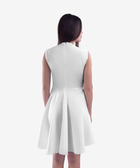 White dress template on a girl, mid-length sundress with closed back, zipper, wave skirt, isolated...