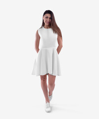 Mockup of a white designer dress on a dark-haired girl in moccasins, a mid-length sundress for pattern, advertising.