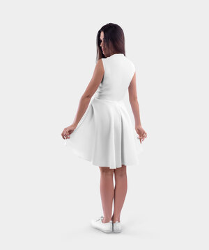 Mockup of a white dress on a girl in moccasins, a mid-length sundress with a closed back, wave skirt, for a pattern.
