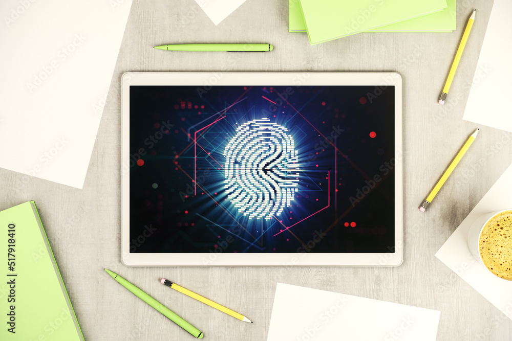 Poster Abstract creative fingerprint hologram on modern digital tablet screen, protection of personal information concept. Top view. 3D Rendering