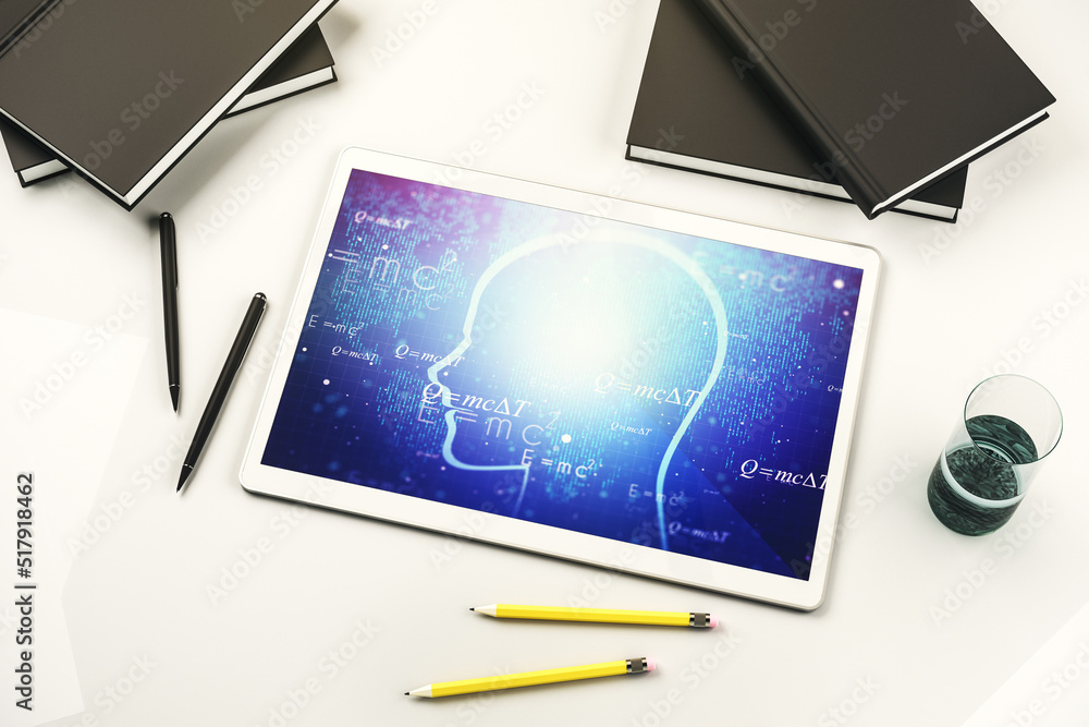 Poster creative artificial intelligence concept with human head sketch on modern digital tablet display. to