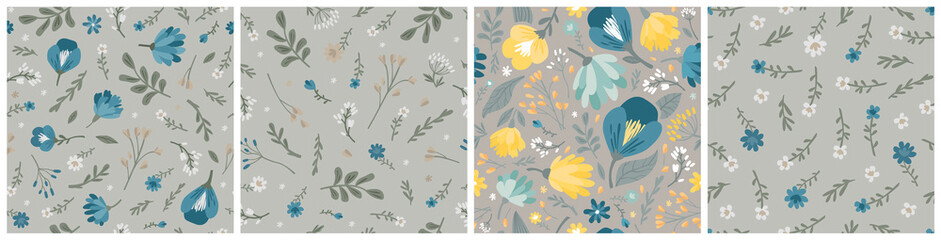 Set of vector seamless patterns of flowers and leaves. Simple modern illustration for trendy fabrics, wallpaper, wrapping paper, linens in yellow-pink colors.