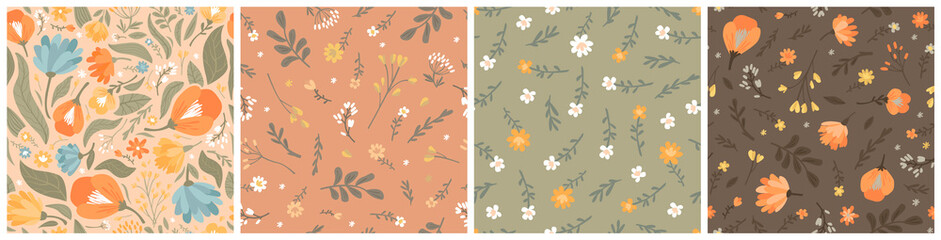Set of vector seamless patterns of flowers and leaves. Simple modern illustration for trendy fabrics, wallpaper, wrapping paper, linens in orange colors.