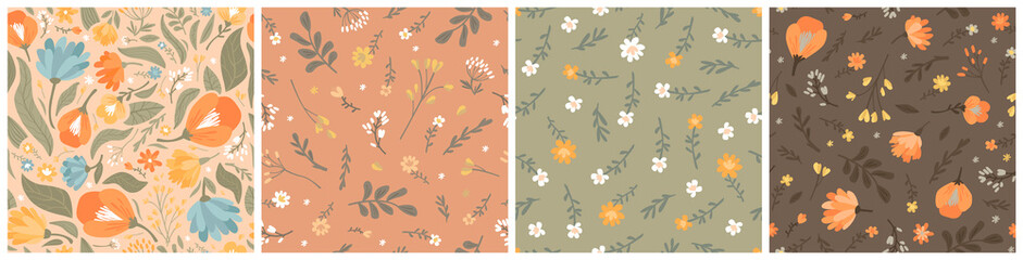 Obraz premium Set of vector seamless patterns of flowers and leaves. Simple modern illustration for trendy fabrics, wallpaper, wrapping paper, linens in orange colors.